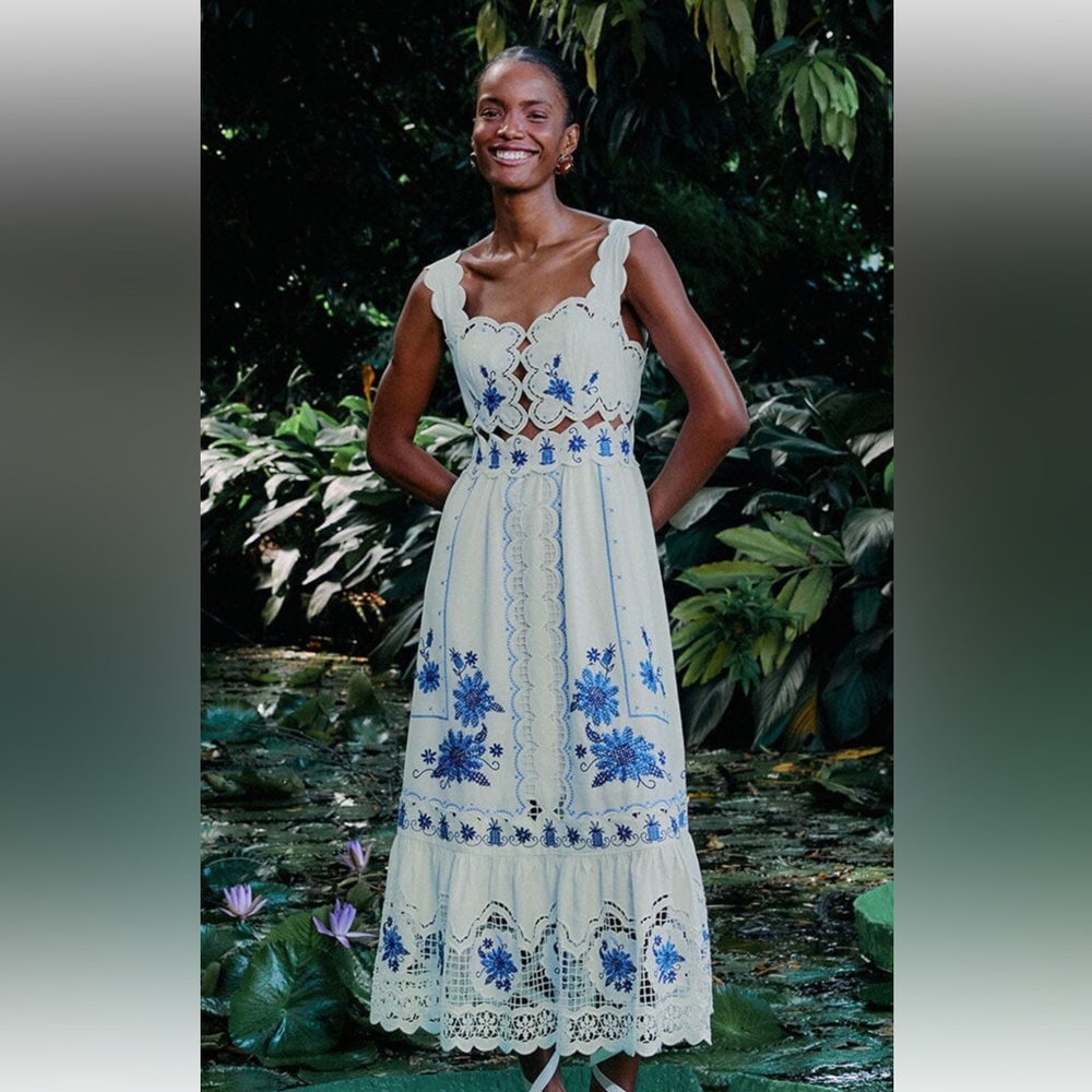 FARM Rio White and Blue Embroidered Maxi Dress